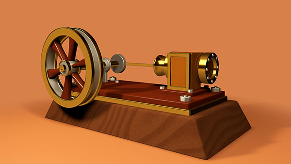 A 3D render of a miniature steam engine.
