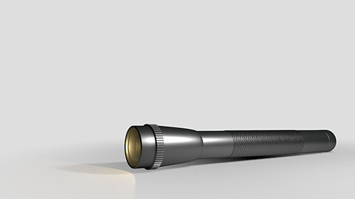 A 3D render of a flashlight.