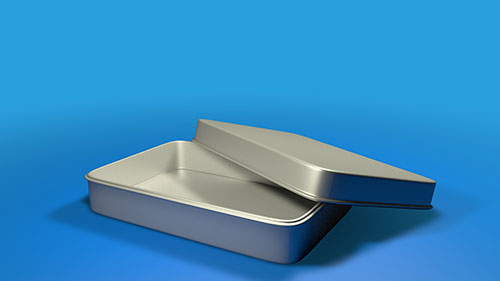 A 3D render of a simple aluminum tin.