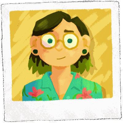 An illustration of me! I have shoulder-length brown and green hair, gold wire-rimmed glasses, and a funky Hawaiian shirt.